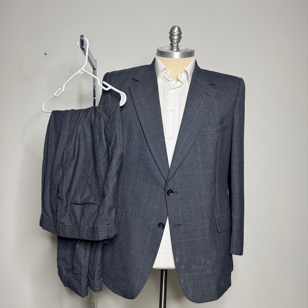 Kingsridge Custom Fabric Mens Plaid Suit Jacket Blazer Pants Set‎ Gray 44R 38W